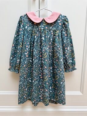 Stitchy Fish Girls Sage Green Floral Peter Pan Collar Dress Size 5T EUC